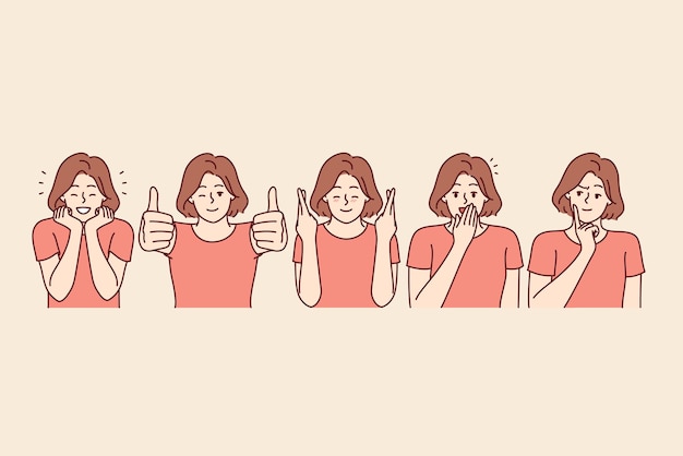 Woman makes happy facial expressions and approving gestures to share good mood and joyful emotions Set of everyday girls experiencing happy and euphoria or joy from fulfillment of dream