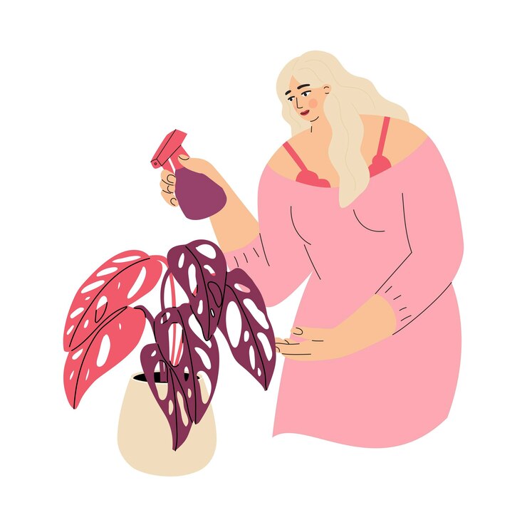 Vektor woman spraying with water home plants