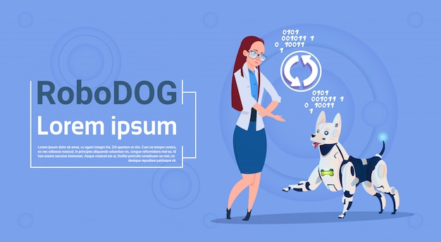Woman With Robotic Dog Updating Interface Animal Modern Robot Pet Artificial Intelligence Technology