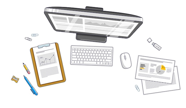 Work desk workspace top view with PC computer and a lot of different stationery objects on table isolated, look above. All elements are easy to use separately or recompose the illustration. Vector.