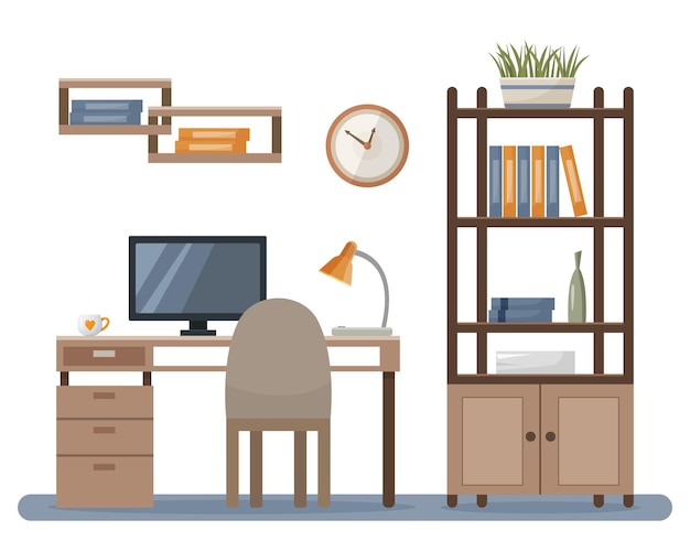 Workplace in the office Desk and computer cabinet with folders Vector illustration in flat style