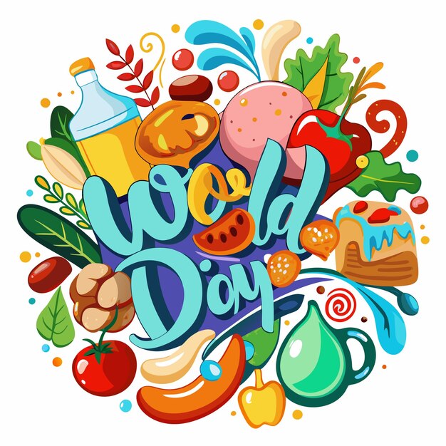World Day celebration with colorful fruits vegetables and food items on a white background