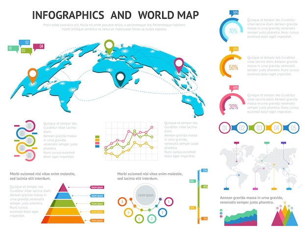 World map with set of infographics elements. Big set of infographics with data icons, world map charts and design elements For business presentations and reports Vector illustration.
