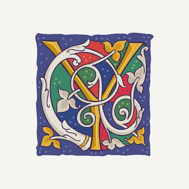 Y letter drop cap logo with interlaced white vine and gilding calligraphy Renaissance initial emblem