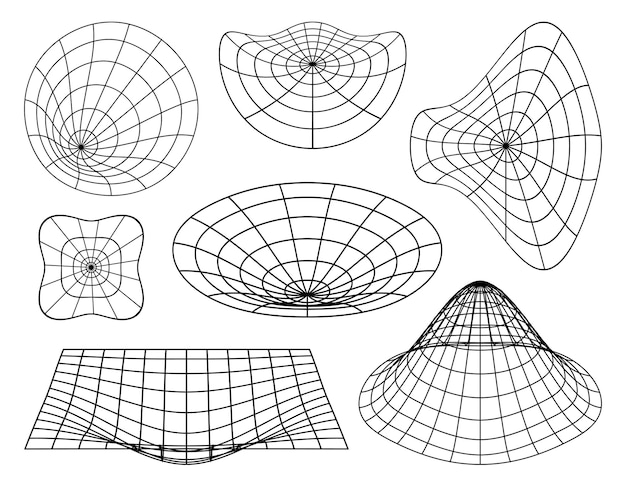 y2k futuristic set of wireframe shapes perspective grid