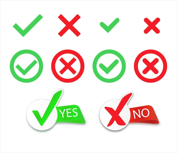 Yes and no check marks cross check mark icons flat round buttons set