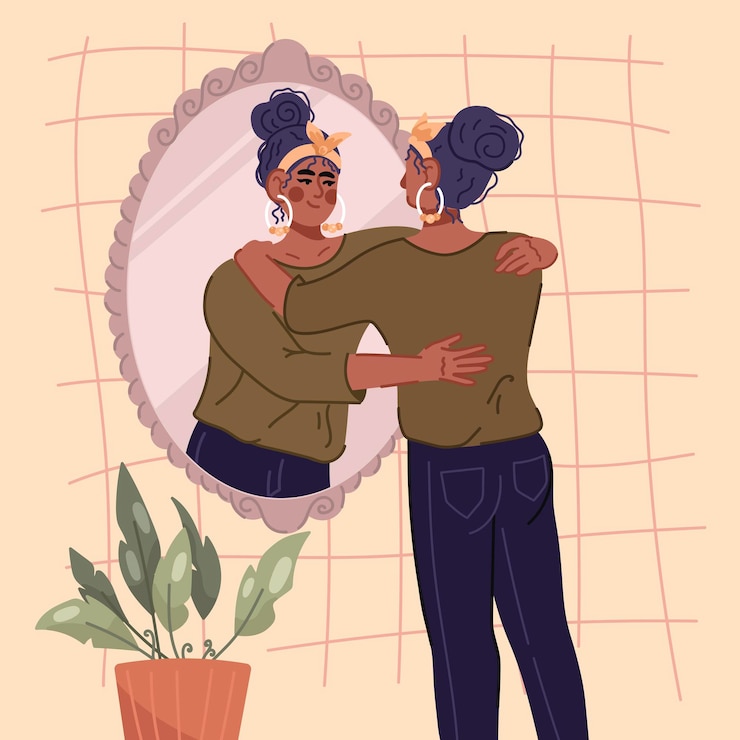 Vektor young afro american woman hugging her own reflection in the mirror support yourself love yourself