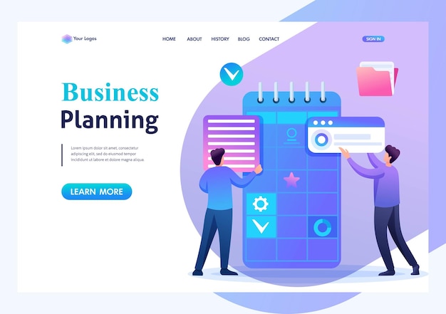 young entrepreneurs are engaged in the preparation of business planning for the month flat 2d character landing page concepts and web design