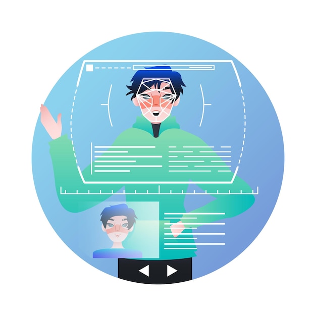Young male standing near screen Technology of reading person face using camera