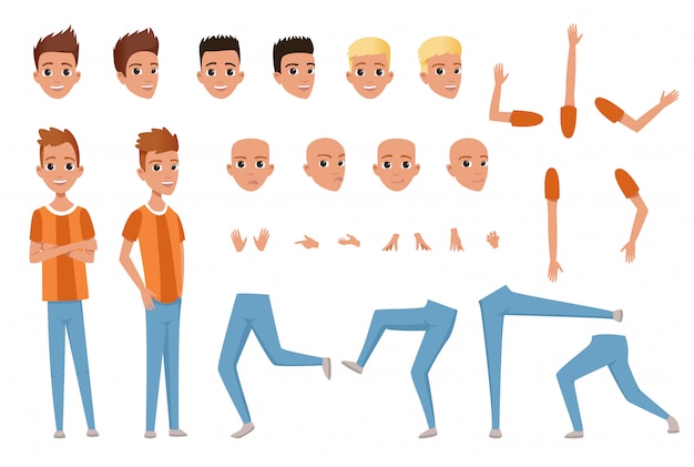 Young man character constructor with body parts legs, arms, hand gestures. Angry, dissatisfied, surprised and calm face expression. Full length boy. Stylish hairstyles. Flat vector.