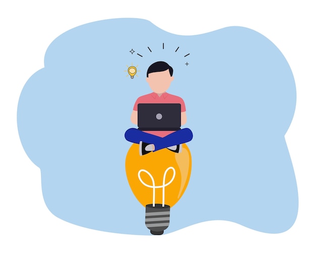 young man sitting using laptop over light bulb