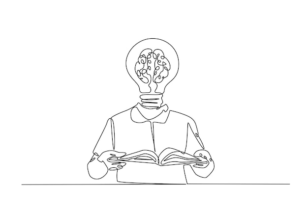 Young man with bulb head reading book in continuous one line drawing illustration