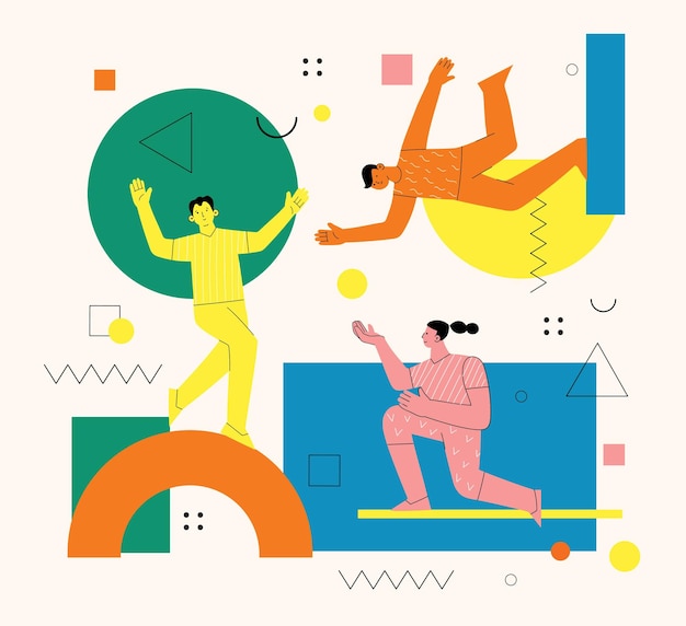 Young men and women with abstract geometric shapes Team building and teamwork concept Business partnership cooperation and communication Modern flat cartoon style