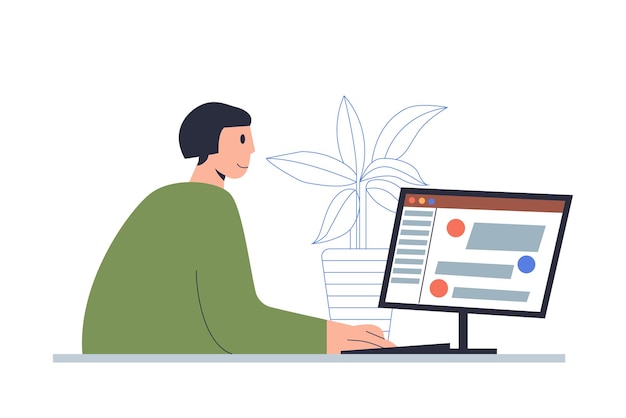 young smiling woman working at table on computer. girl  at workplace with home plant at desk.