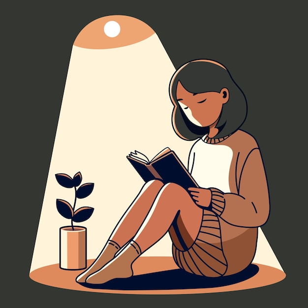 Young woman in a dress reading a book sitting on the floor next to a houseplant with a lamp