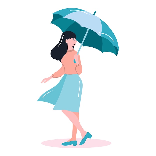 Young woman walking with umbrella in flat style isolated on background
