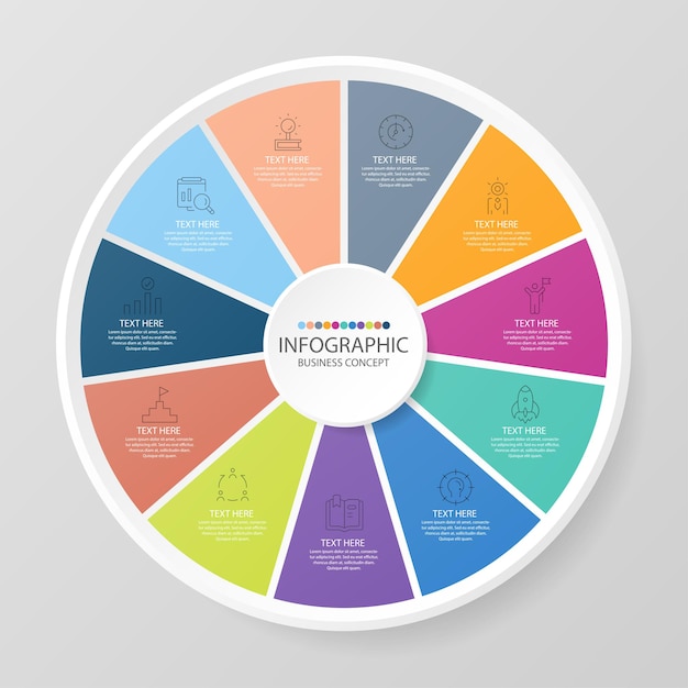 Základní kruhová infografická šablona s 11 kroky, procesy nebo možnostmi, procesní graf, používaná pro procesní diagram, prezentace, rozložení workflow, vývojový diagram, infografika. Vektorová ilustrace eps10.