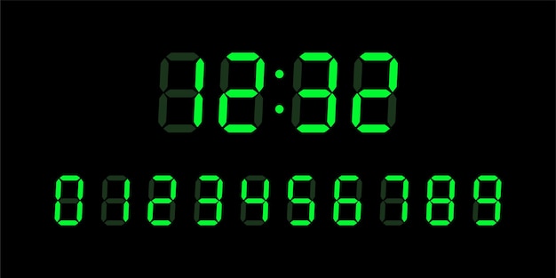 Zelená digitální zářící čísla pro obrazovku LCD elektronických zařízení na černém pozadí. Koncept hodin, časovače. Ilustrace