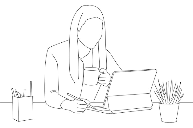 Žena pracuje s tabletem a pije kávu v kanceláři, styl line art