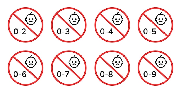 Znamení věkového omezení pro děti a mládež, vektorová sada. Červený varovný symbol zákazu pro kojence.
