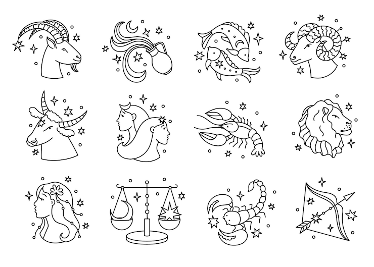 Vektor zodiac mystic signs astrology horoscope circle symbols mystical lunar esoteric icons for calendar print astrological round line constellation avatars vector set