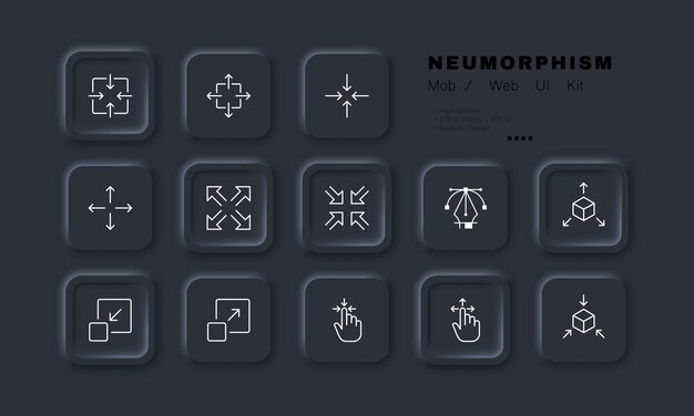 Zoom in and out arrows set icon Scale website buttons metaverse three dimensional cube 3d VR view viewer player watch press push tap Technology concept Neomorphism Vector line icon