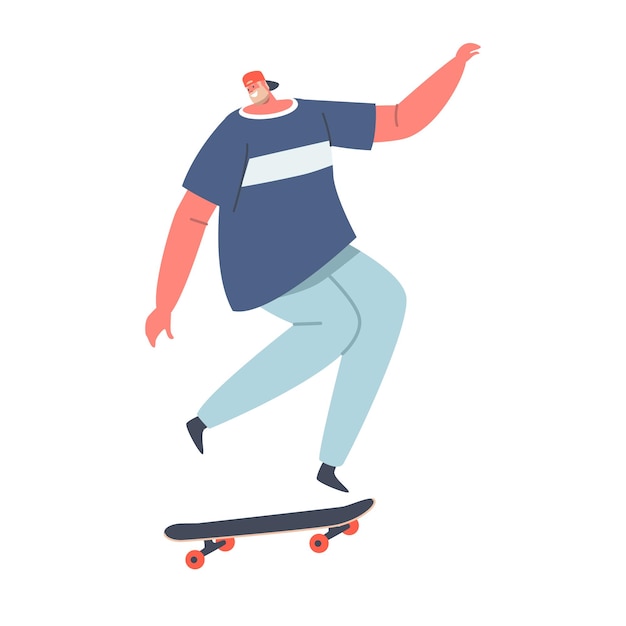 Zralý muž v moderním oblečení a čepici Skákání na skateboardu Vousatý skateboardista Mužská postava Venkovní aktivita Skateboarding Muž Předvádění kaskadérských kousků na prkně ve Skateparku Kreslená vektorová ilustrace
