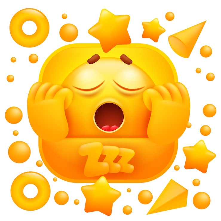 Vektor zzz webový štítek. žlutý emodži ospalý postava, která zívá.