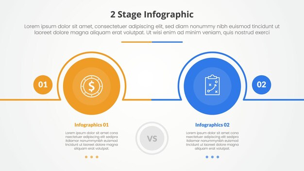 2 points stage template for comparison opposite infographic concept for slide presentation with big circle outline horizontal with flat style