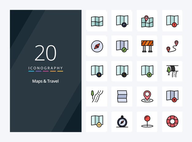 20 Maps Travel line Filled icon for presentation
