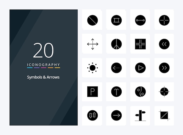 Zdarma Vektor 20 symbolů, šipky, pevná ikona glyph pro prezentaci