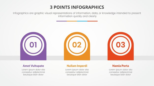 3 points or stages infographic concept with right direction half circle shape timeline for slide presentation