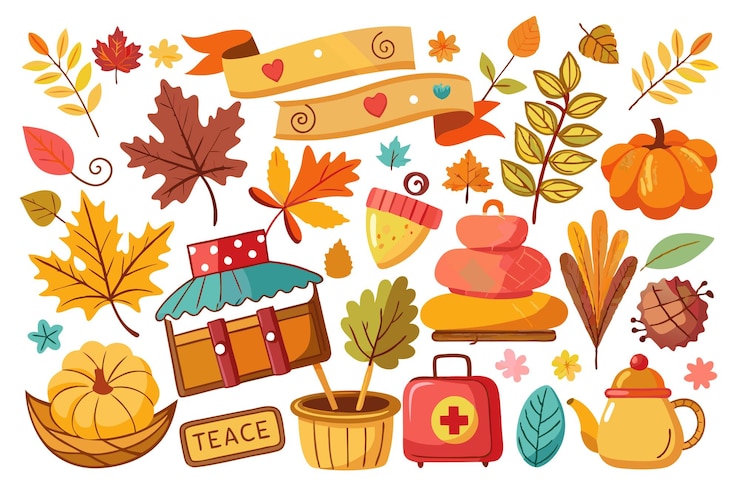 Zdarma Vektor a collection of autumnthemed illustrations including leaves pumpkins a market stall a teapot and more