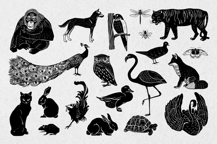 Zdarma Vektor animals black linocut stencil pattern drawing collection