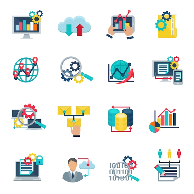 Big data analytics technology flat icons set with internet cloud