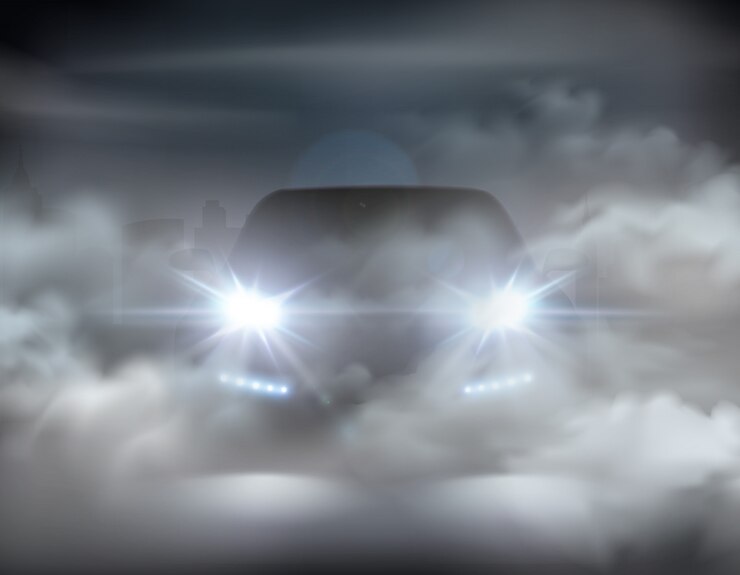 Zdarma Vektor car lights realistic in fog composition abstract concept with silver car at the night  illustration