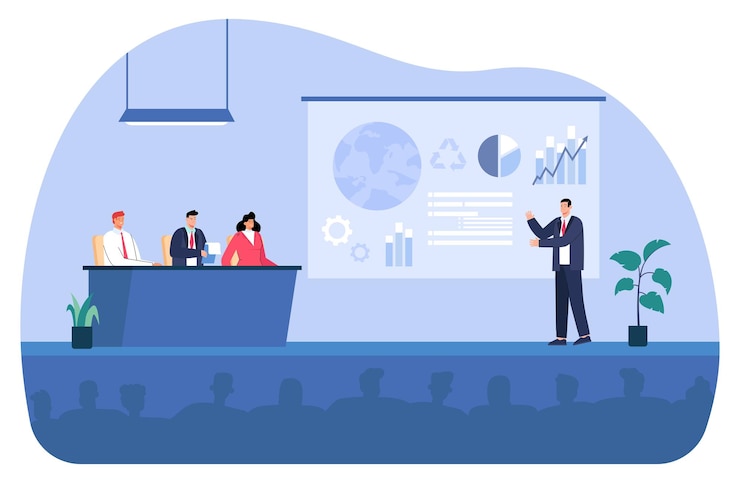 Zdarma Vektor cartoon man giving presentation at ecological forum. speaker standing on stage during press conference, audience silhouettes flat vector illustration. ecology, media concept for banner, website design