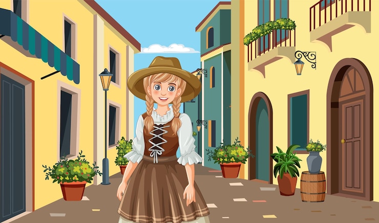 Zdarma Vektor charming girl in a quaint village