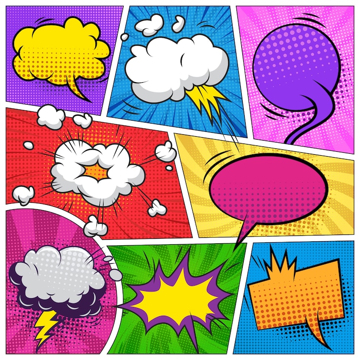 Zdarma Vektor comic page background with speech bubbles wordings clouds explosive halftone radial rays humor effects