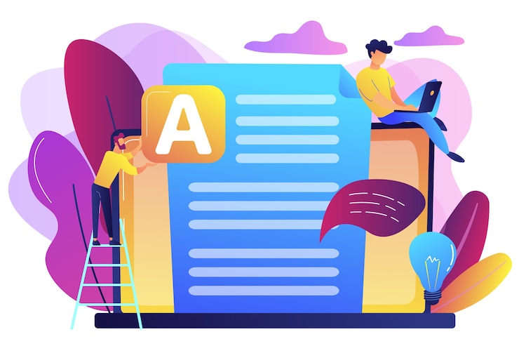 Zdarma Vektor copywriter u obrovského notebooku píše kreativní reklamní text. práce copywritera, copywriter na volné noze z domova, koncept copywriting na volné noze.