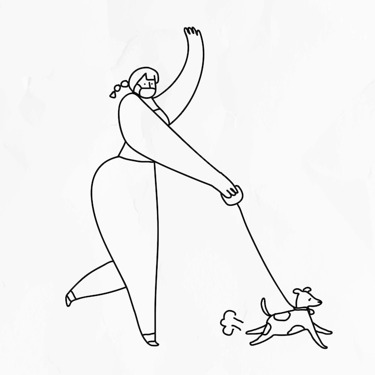 Zdarma Vektor covid-19, nový normál, vektorová žena venčící psa, postavička doodle