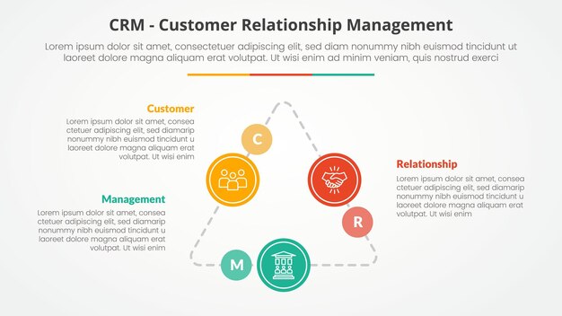crm customer relationship management infographic concept for slide presentation with triangle cycle circular on triangle line connected with 3 point list with flat style