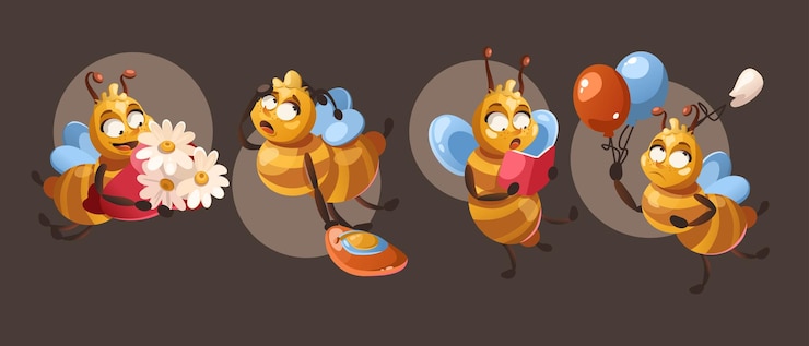 Zdarma Vektor cute funny bee character vector cartoon mascot illustration insect animal isolated set smile study and flying creative bumblebee design with chamomile flowers balloon honey and book collection