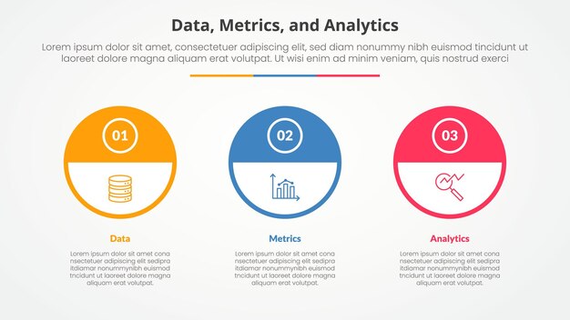 Data metrics and analytics infographic concept for slide presentation with big outline circle and half header with 3 point list with flat style