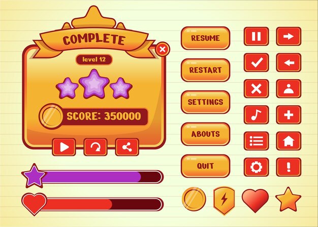 design for complete set of score button game pop-up, icon, window and elements for creating medieval rpg video games