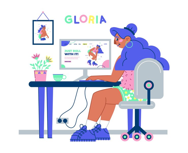 Zdarma Vektor dívka pracující u stolu s kávou a ilustrací rostliny