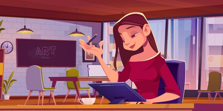 Zdarma Vektor dívka s digitálním tabletem pracuje v sdílené kanceláři