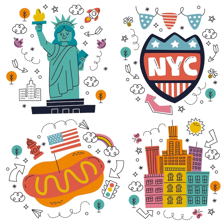 Zdarma Vektor doodle hand drawn new york stickers collection