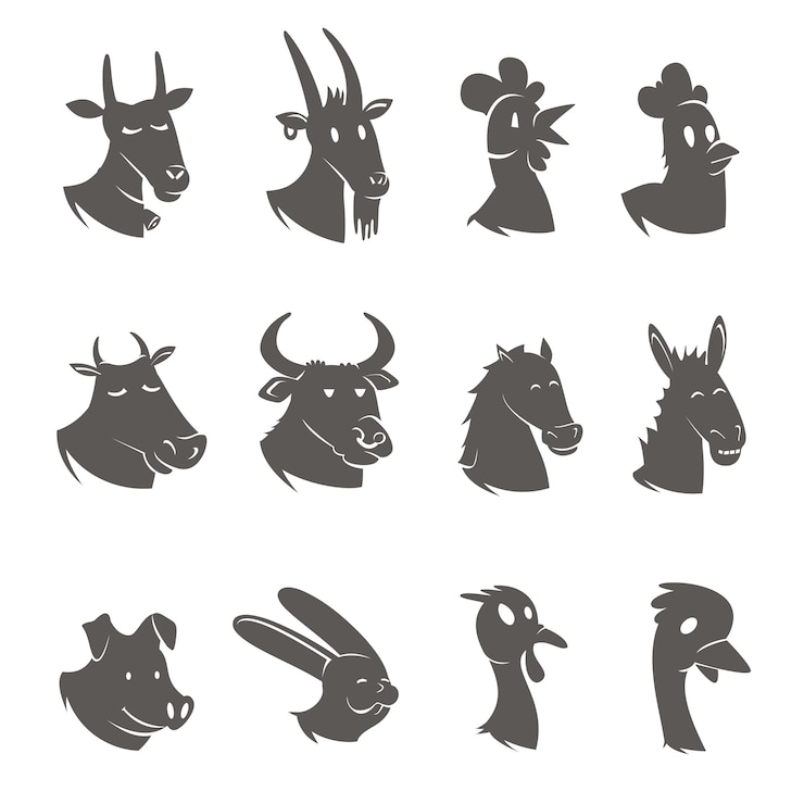 Zdarma Vektor farm animals heads black icons set 