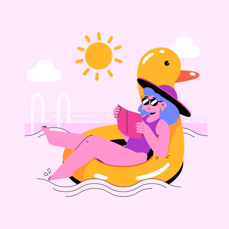 Zdarma Vektor flat summer illustration with woman reading book on inflatable duck